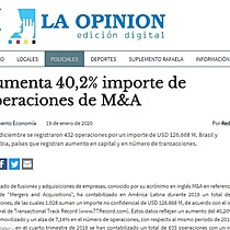 Aumenta 40,2% importe de operaciones de M&A